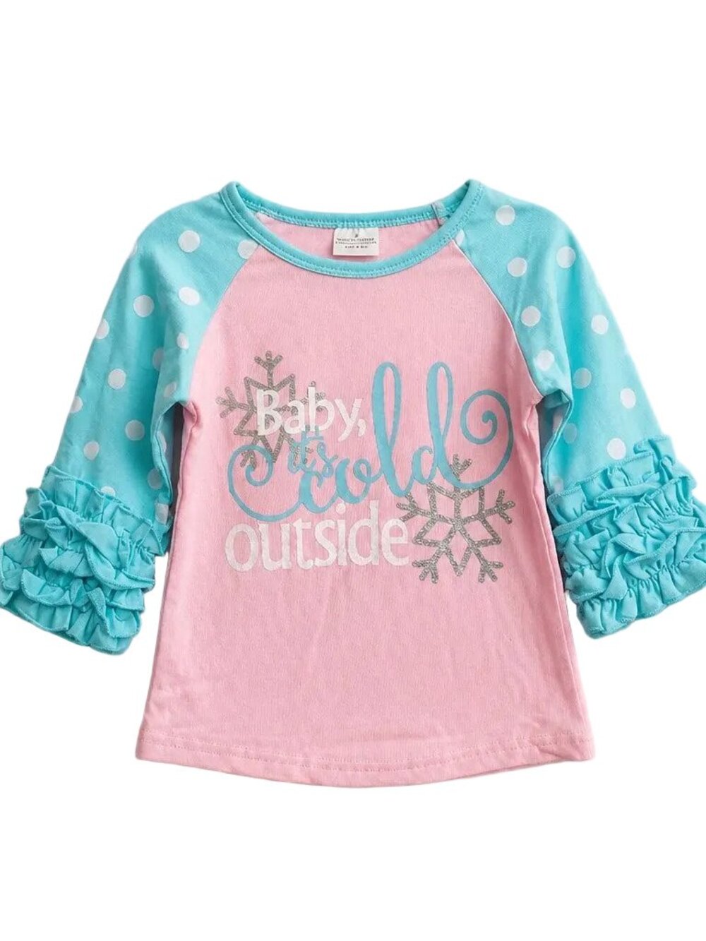Baby it's Cold Outside Pink and Blue Ruffle Cotton 3/4 Sleeve Top